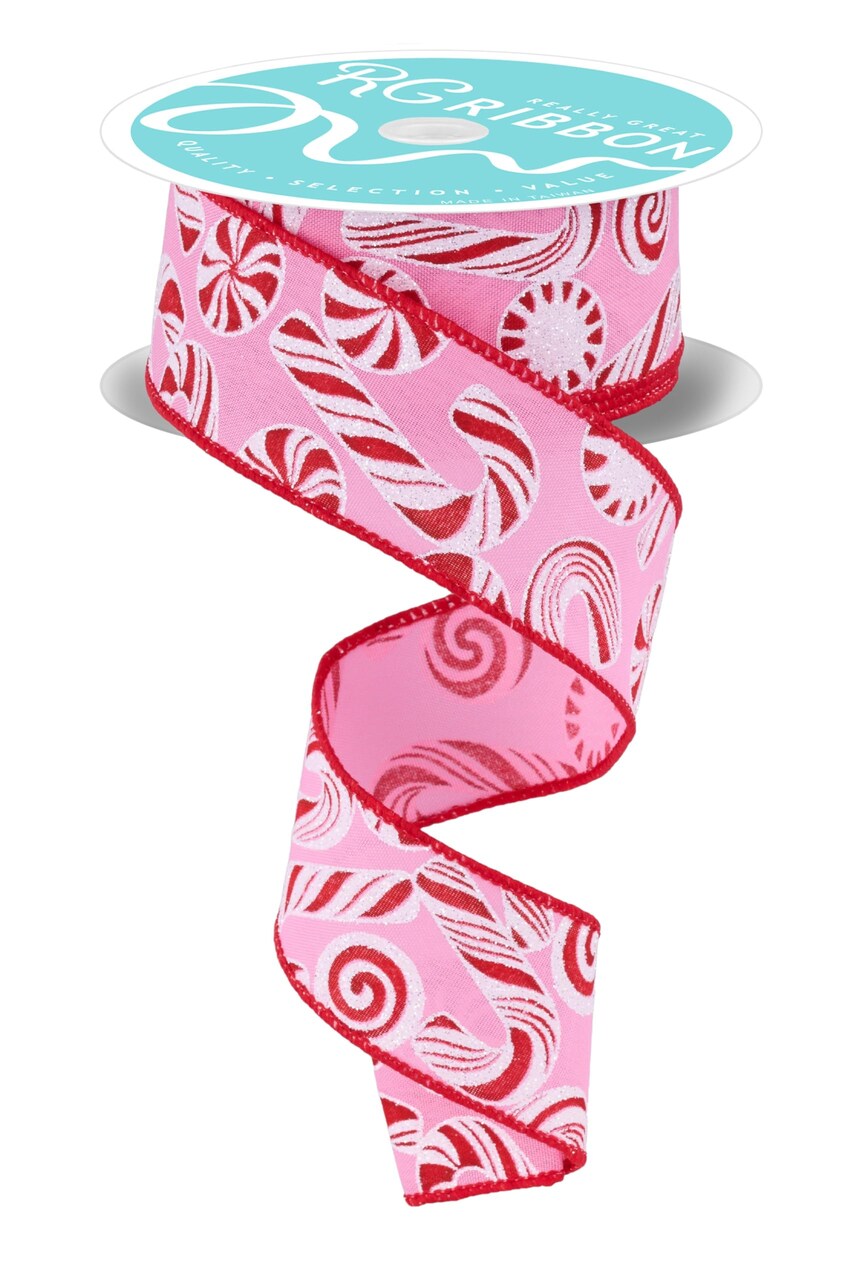 RG Ribbon: 1.5" Pink Peppermints and Candy Canes Wired Ribbon - 10 Yards - Pink, Red, White- For Christmas Bows, Wreaths, Crafts and Decorations